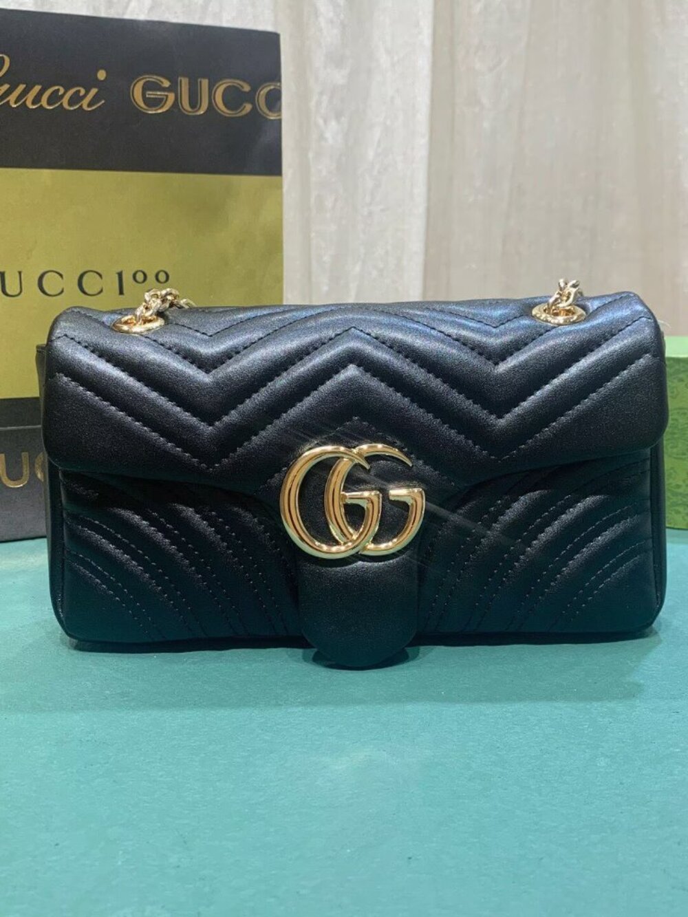 Gucci Black Quilted Shouldor Bag with Gold Double G Hardware